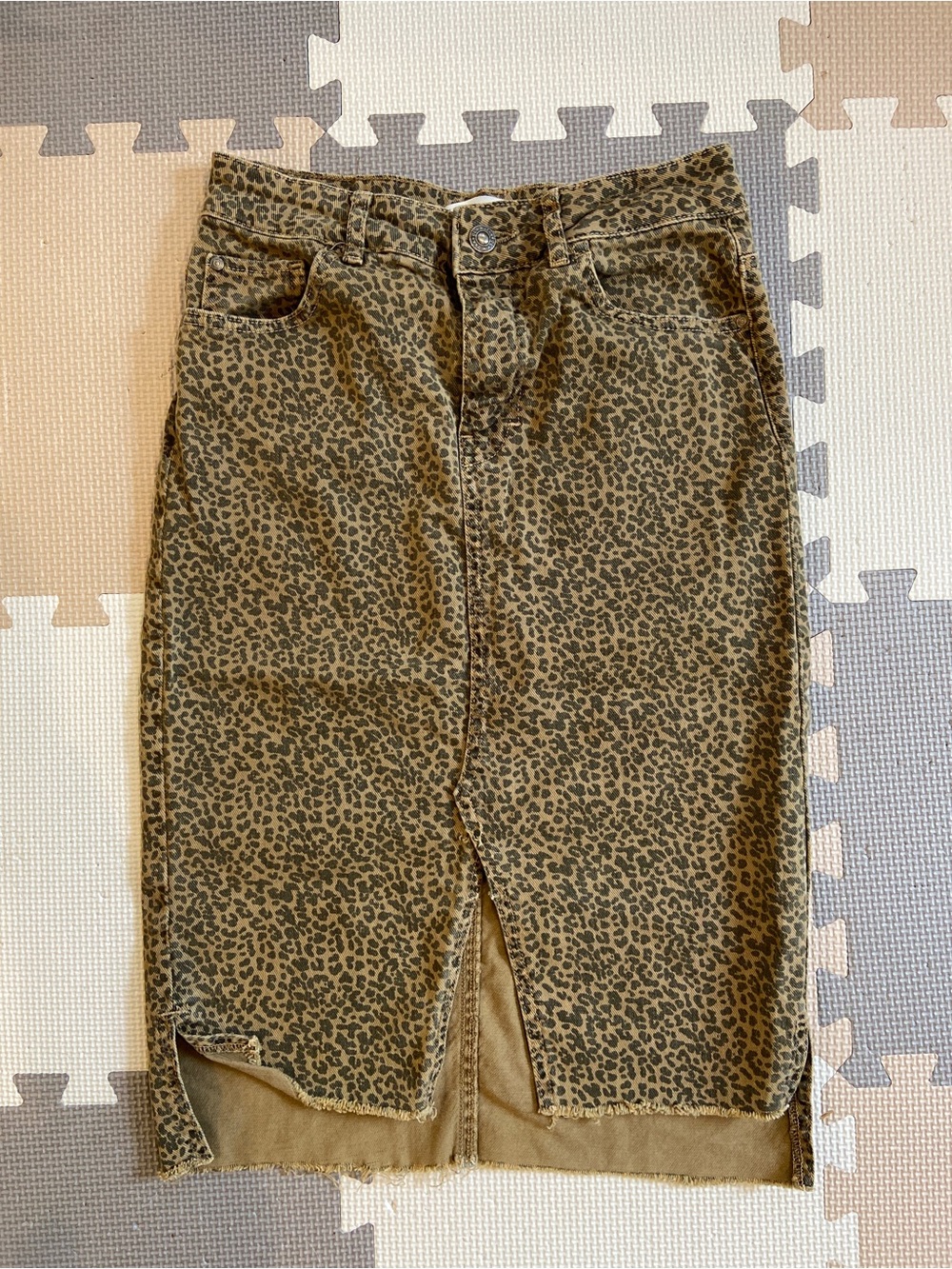 Zara Leopard Print Denim Midi Skirt in Olive Brown